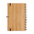 A bamboo notebook with a spiral binding and a black elastic band. It features a sleek and natural wood finish.