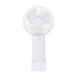 A portable white fan with a circular head and a vertical handle, resting in a stand.
