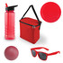 A drink bottle, a red cooler bag, a red frisbee, a red ball, and red sunglasses.