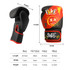Adult training boxing gloves in black with red accents and a graphic design. Features measurements for various sizes.
