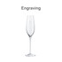 A classic champagne flute made of clear glass, features a tall, slender shape and a fine stem. It includes a logo.