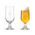 A goblet glass in clear glass, one empty and the other filled with golden beer and frothy head, featuring a logo.