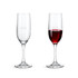 A pair of classic wine glasses, one clear and empty, the other filled with red wine. Each features a logo.