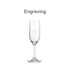 A classic, clear wine glass with a long stem and an engraved logo.