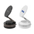 A suction magnetic phone holder in black and white with a circular design and adjustable stand. It features a logo.