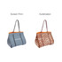 A large neoprene beach tote bag in grey and orange with a logo, and another in brown with a patterned design.