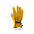 A pair of yellow cowhide gardening gloves with a secure wrist strap, featuring a logo. Dimensions included.