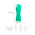 A pair of green reusable nitrile gloves displayed with measurements for length and width.