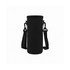 A drink bottle carrier in black with adjustable straps and clips for easy carrying. It features a simple design.
