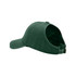A green ponytail top hat featuring a curved brim and an open back design. Includes a logo on the side.