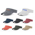 A collection of washed sun visors in various colours: grey, white, navy, black, burgundy, and beige. Each has a logo.