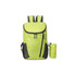 A packable travel backpack in bright lime green with black accents and a matching storage pouch.