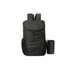 A packable travel backpack in black, featuring multiple compartments and a small pouch for storage.