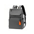 A grey laptop backpack with an orange accent, featuring multiple pockets and adjustable straps. It has a logo on it.