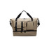 A tan travel weekender bag with multiple pockets and black handles. It features a detachable strap and a sleek design.