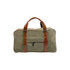 A vintage canvas duffle bag in olive green with brown leather handles and a zippered front pocket.
