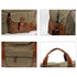 A vintage canvas duffle bag in olive green with brown leather accents and multiple pockets. Features sturdy handles.
