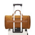 A foldable travel duffle bag in brown, sitting atop a wheeled suitcase with a retractable handle.