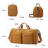 A foldable travel duffle bag in a warm brown colour with two front pockets and adjustable shoulder strap.