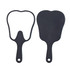 A tooth-shaped face mirror in black, featuring a handle and an outline design, with a smooth reflective surface.