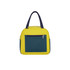 A colourful insulated lunch bag in yellow and navy, featuring a front zip pocket and dual handles.