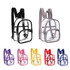 Clear mini backpacks in various colours including purple, pink, and red. Each features a logo and adjustable straps.
