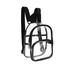 A clear mini backpack with black accents and straps, featuring a front zippered pocket.