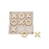 A Noughts & Crosses coaster featuring a light-coloured board with natural wood pieces. It has a logo on the side.