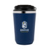 A double wall coffee cup in navy blue with a black lid and a logo on the front.