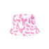 A pink and white bucket hat featuring a cow print design, with a simple logo on it.