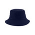 A navy blue custom cotton bucket hat with a simple design and a logo on the side.