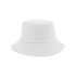 A white cotton bucket hat with a rounded top and a wide brim. It features a logo on one side.