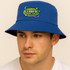 A blue cotton bucket hat featuring a logo on the front, worn by a model.