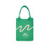 A large green knitted shoulder bag featuring a white wave design and a logo at the bottom.