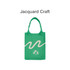 A green knitted shoulder bag with a wave design and a circular logo at the base.