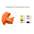 An orange training bib with a strap. Eight elastic band colour options are displayed alongside.