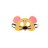 A yellow felt mask shaped like a mouse with pink ears and a black nose, featuring a logo.