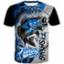 A men's fishing T-shirt in blue and black, featuring a graphic of a fish and a textured background with a logo.