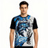 Men's polyester spandex T-shirt featuring a vibrant blue and black design with a fishing graphic and logo.