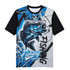 A vibrant blue and black fishing T-shirt featuring a fish graphic and mesh design, complete with a logo.