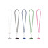 A set of five lanyards in white, black, blue, green, and pink, featuring a clip at the end and a logo.