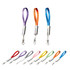 A collection of vibrant lanyards in purple, orange, blue, grey, red, green, and yellow, featuring a clip and branding.