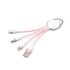 A pink charging cable with multiple connectors and a keyring attachment. It features USB, Lightning, and micro-USB ends.