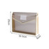A transparent expanding document folder in beige, featuring a button closure and measurement details.
