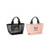 Two premium small mesh beach tote bags in black and pastel pink, each featuring a logo on the front.
