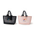 A black and a pink large mesh beach tote bag with handles, featuring logos on the front.