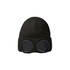 A black beanie with large round goggles attached, featuring a ribbed texture and a simple design.