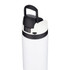 A drink bottle in white with a black lid and handle, featuring a logo on the side.