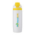 A drink bottle in white and yellow, featuring a logo and a secure flip-top lid.