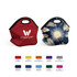 A red and a blue neoprene lunch bag with handles, featuring a logo on the red bag and a floral design on the blue one.